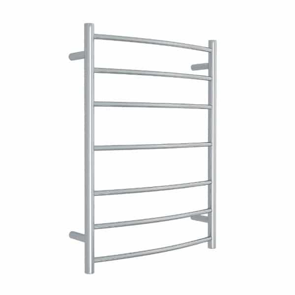 Thermogroup curved heated towel ladder in polished stainless steel, 7-bar round rail, front view on white background