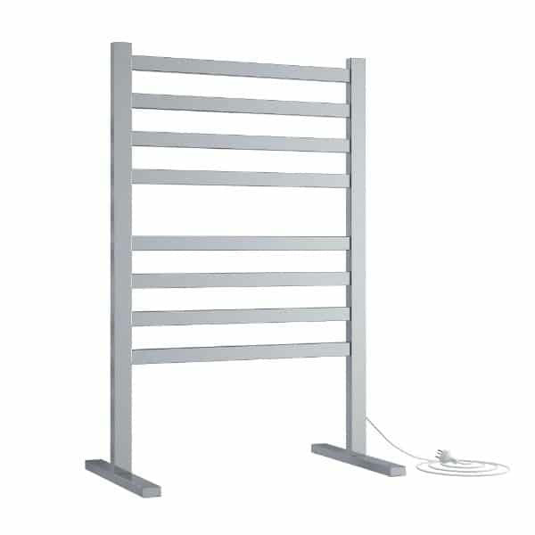 Thermogroup polished stainless steel freestanding heated towel rail with 8 straight flat bars and power cord