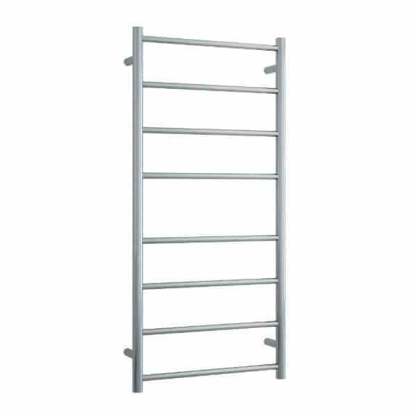 Thermogroup 8 bar heated towel ladder in brushed stainless steel, vertical wall-mounted rail on white background