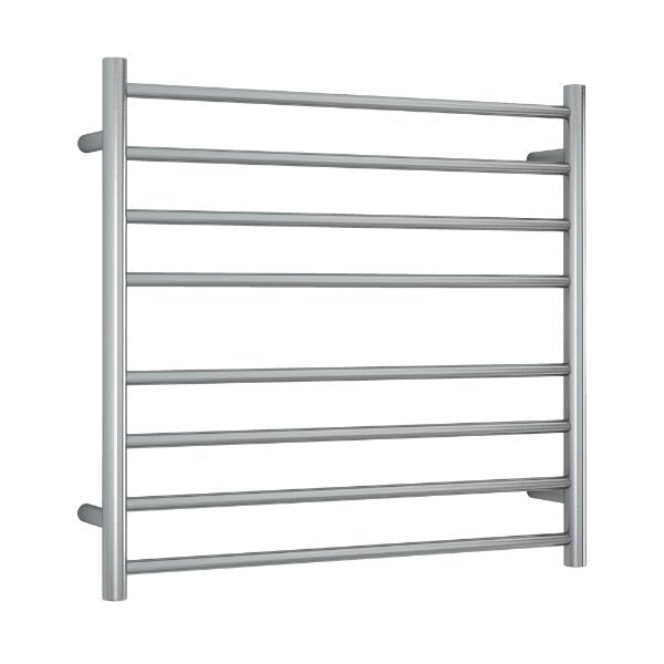 Thermogroup 8-bar brushed stainless steel heated towel ladder, angled front view