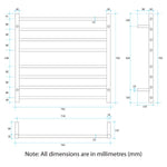 Thermogroup 8 bar heated towel ladder technical drawing in stainless steel, showing front and side dimensions