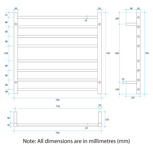 Thermogroup 8 bar heated towel ladder technical drawing in stainless steel, showing front and side dimensions
