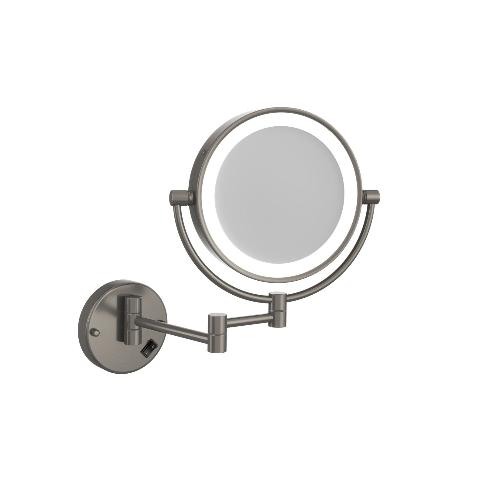 Thermogroup brushed nickel round wall-mounted shaving mirror with LED light and folding arm, shown front on