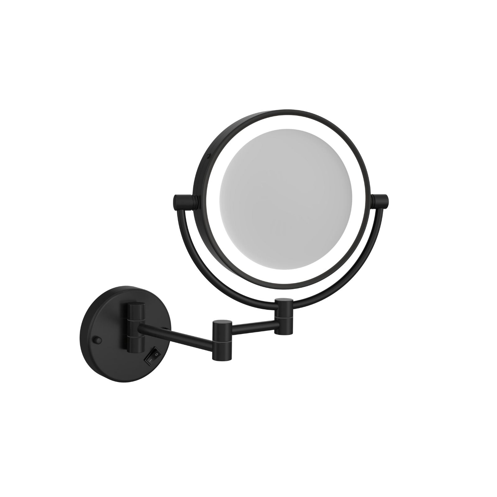 Thermogroup Ablaze round wall-mounted shaving mirror in matt black, with adjustable arm and concealed wiring base.