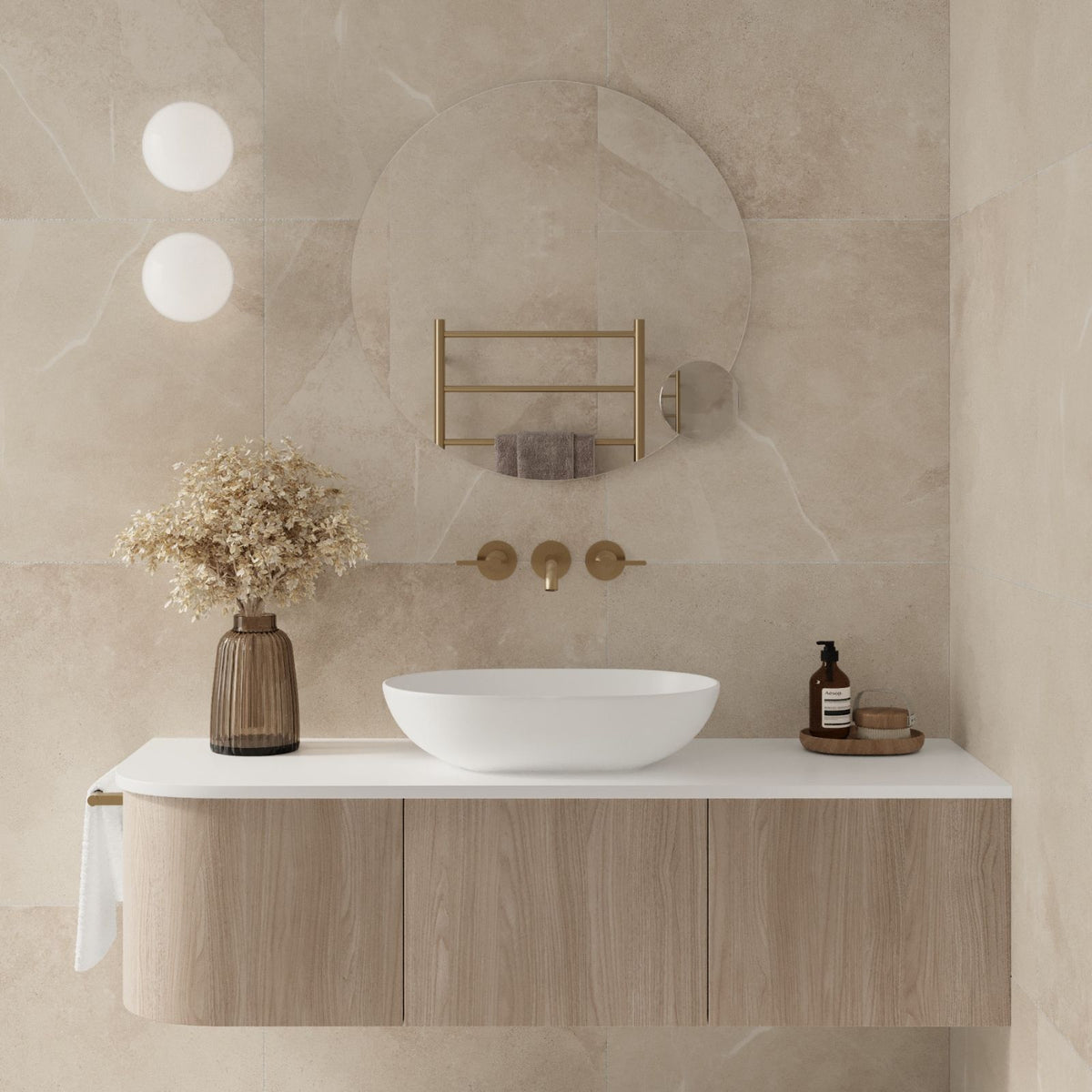 Thermogroup Ablaze round magnifying mirror clip-on beside a bathroom vanity, shown in a beige tiled wall setting