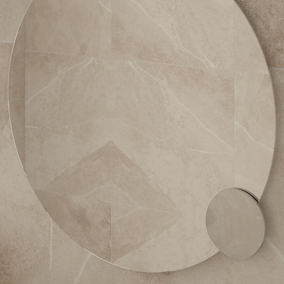 Thermogroup round magnifying mirror with clip, shown fitted to a bathroom mirror in beige stone setting