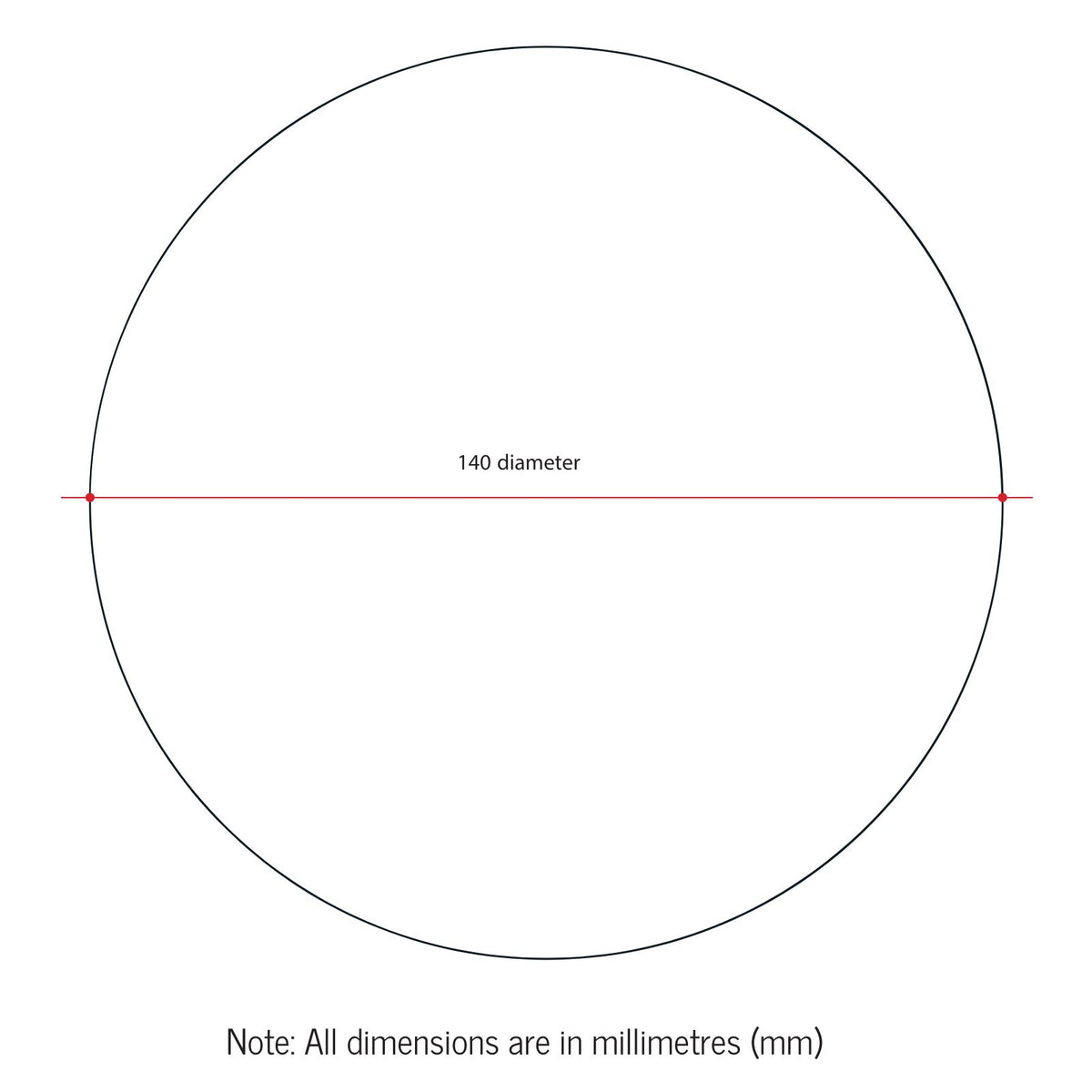 Thermogroup 140mm round magnifying mirror dimension diagram, showing diameter only