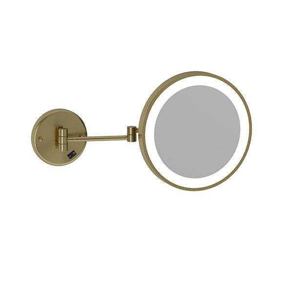Thermogroup Ablaze wall mounted shaving mirror, brushed brass round 3x magnification mirror with arm