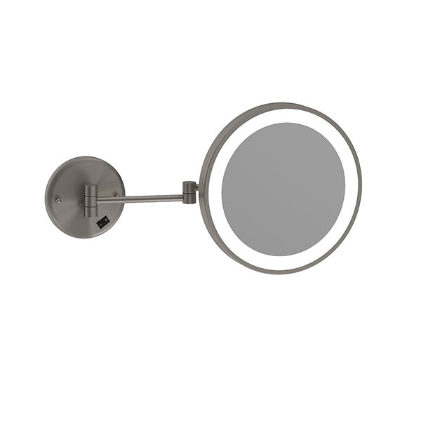 Thermogroup Ablaze wall mounted shaving mirror in brushed nickel with round magnifying mirror and wall arm
