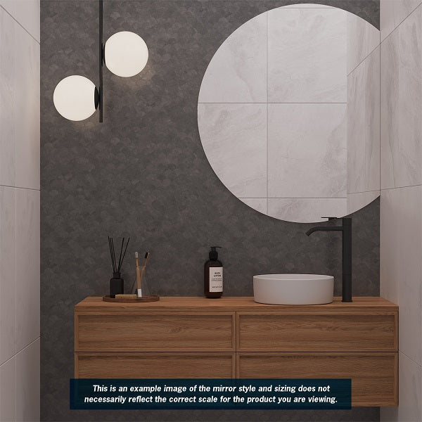Thermogroup Ablaze round polished edge mirror above timber vanity in modern bathroom