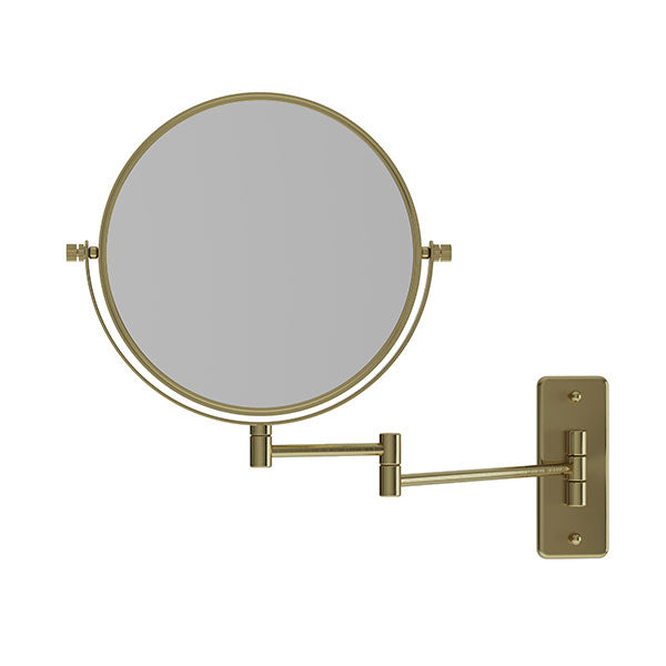 Thermogroup Ablaze round wall-mounted shaving mirror in brushed brass, shown extended with arm and wall plate above the vanity