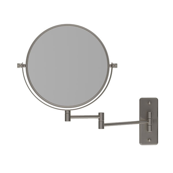 Thermogroup Ablaze wall mounted shaving mirror in brushed nickel, round double-sided mirror with extendable arm