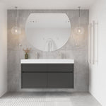 Thermogroup D-shaped polished edge mirror above a grey vanity in a modern bathroom, 1200 x 900mm, front view
