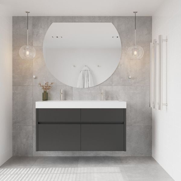 Thermogroup D-shaped polished edge mirror above a grey vanity in a modern bathroom, 1200 x 900mm, front view