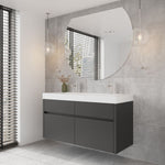 Thermogroup Ablaze D-shaped polished edge mirror above grey vanity in modern bathroom