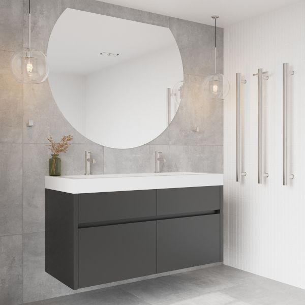 Thermogroup Ablaze D-shaped polished edge mirror above dark vanity in modern bathroom, 1200 x 900mm