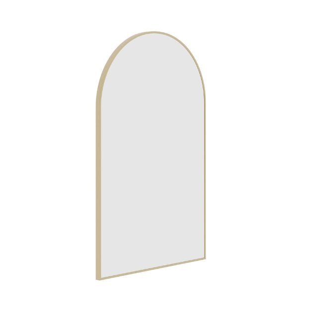 Thermogroup arch mirror with slim gold frame, portrait view on white background
