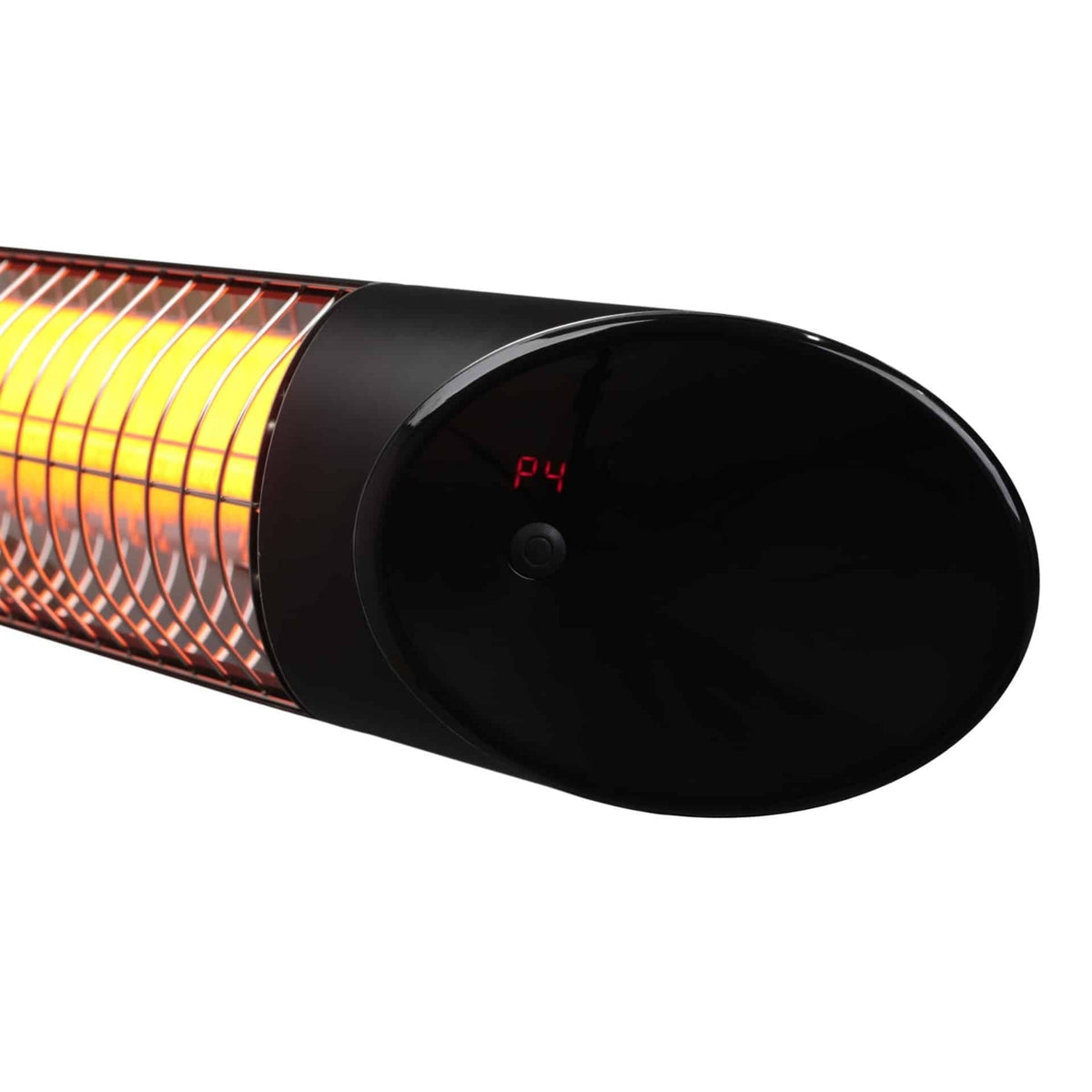 Thermogroup Ash wall mounted outdoor heater, black, with glowing infrared element and digital display close-up