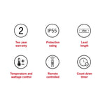Thermogroup Ash heater features icons for 2-year warranty, IP55 rating, 1.5m lead, remote control and timer