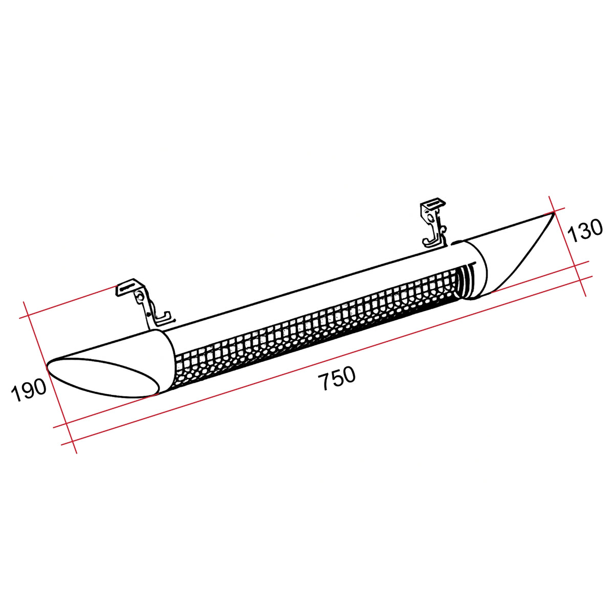 Technical drawing of Thermogroup Ash wall-mounted outdoor heater, black, showing 750mm length and 190x130mm dimensions