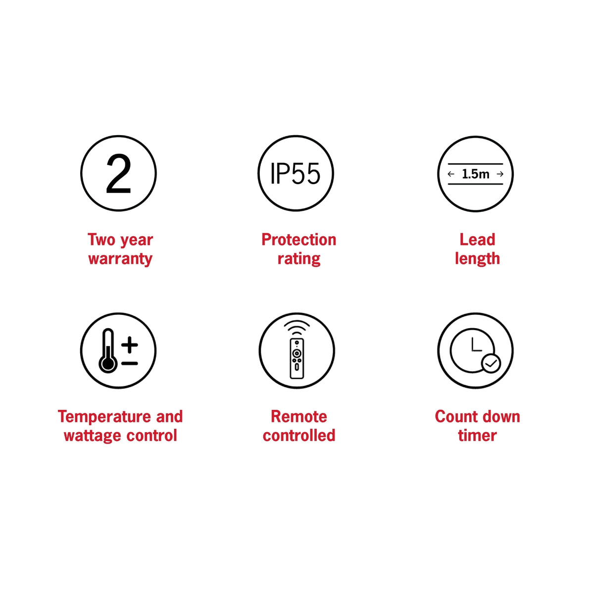 Thermogroup Ash outdoor heater features icon panel showing 2-year warranty, IP55 rating, 1.5m lead, remote and timer control