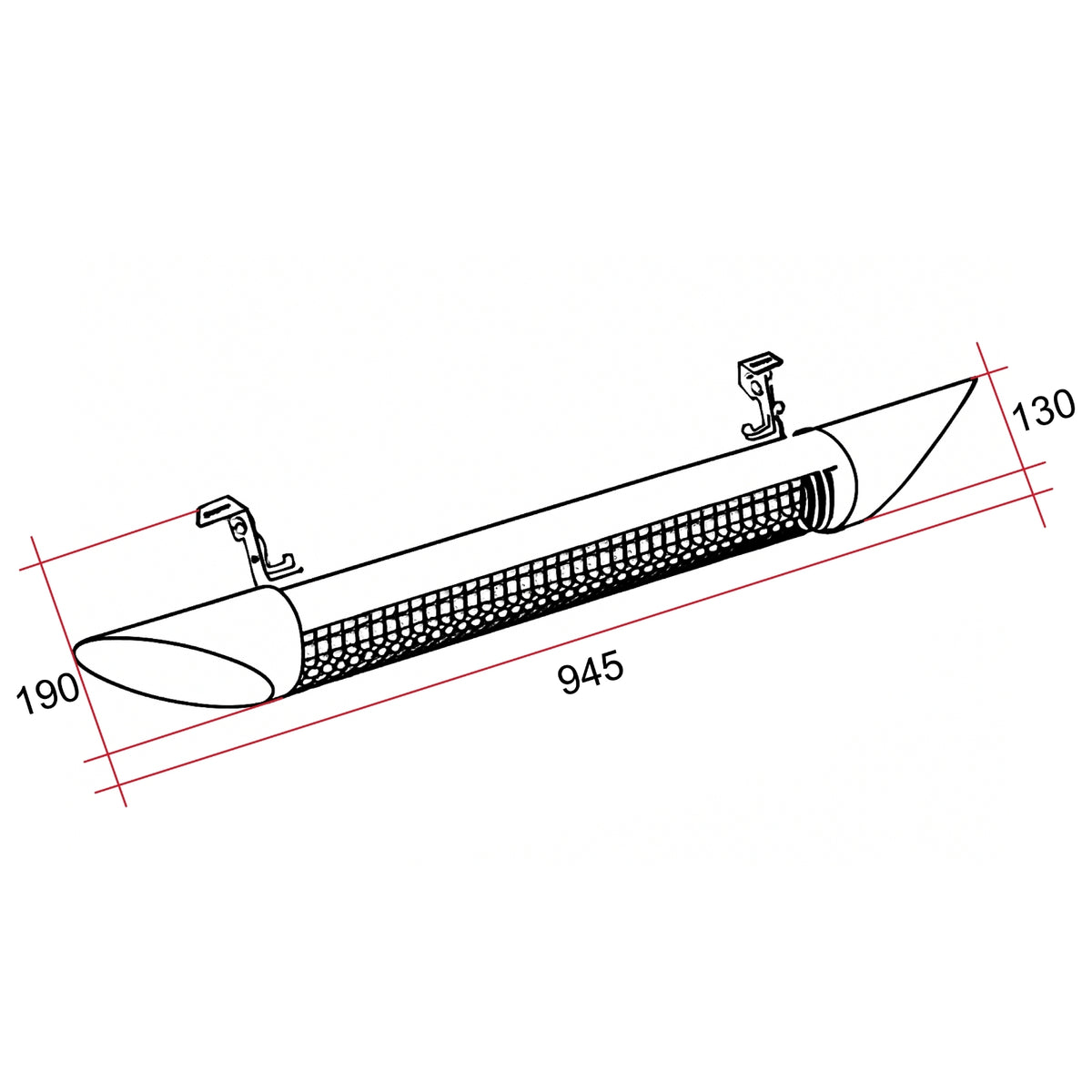 Thermogroup Ash black wall-mounted outdoor heater technical drawing with dimensions 945 x 190 x 130mm