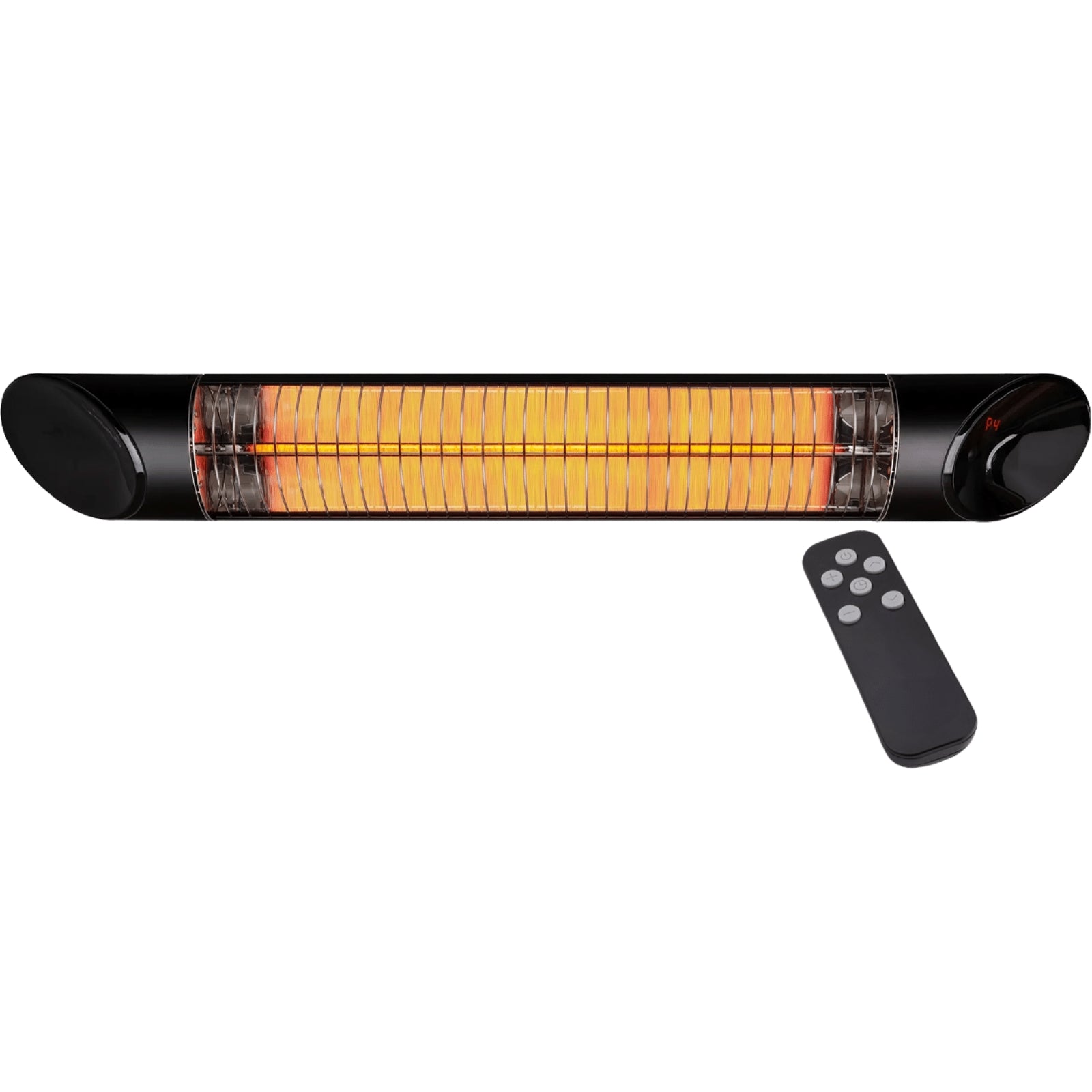 Thermogroup black wall-mounted outdoor heater with remote, slim horizontal infrared tube and glowing centre panel