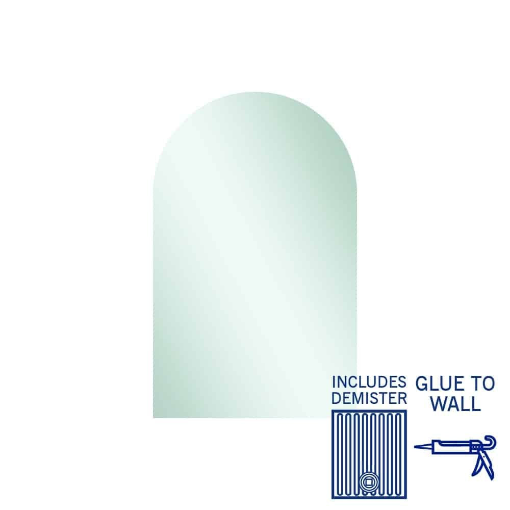 Thermogroup Aspen arch mirror with demister, polished edge, glue-to-wall mounting, in white packaging graphic