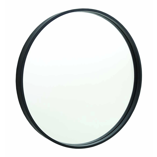 Thermogroup Ablaze round mirror with black frame, 600mm, front view against white background