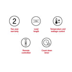Feature icons for Thermogroup Cedar outdoor heater: 2-year warranty, 1.5m lead, remote control and timer controls