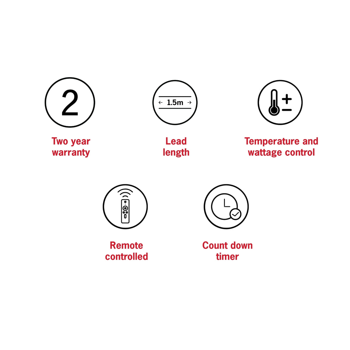 Feature icons for Thermogroup Cedar outdoor heater: 2-year warranty, 1.5m lead, remote control and timer controls