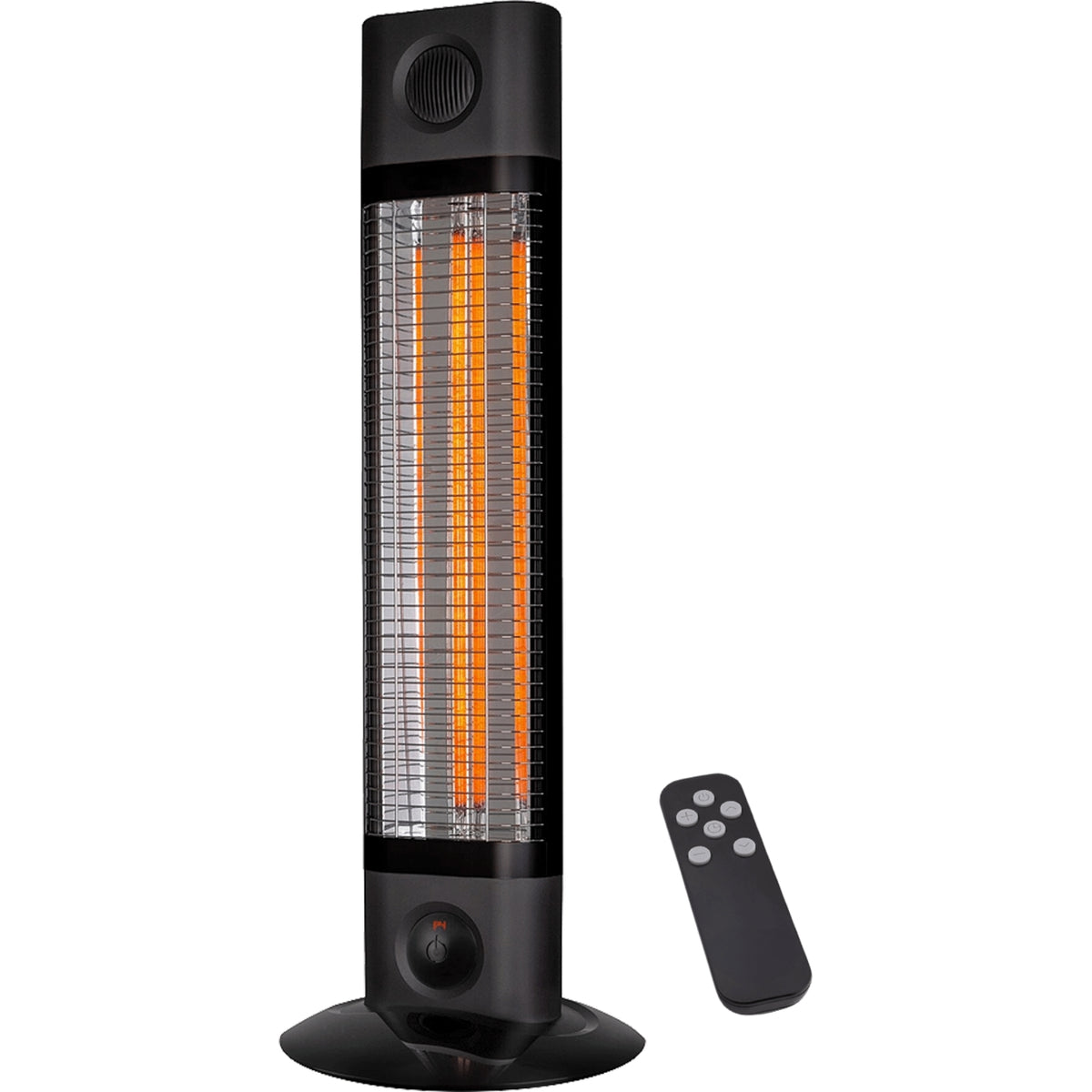 Thermogroup Cedar black freestanding outdoor heater with remote, tall column infrared heater shown front on