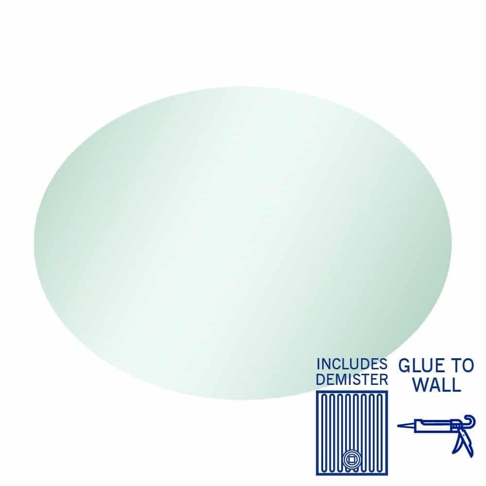 Thermogroup Cody oval mirror with demister, glue-to-wall, shown with included demister and glue icons