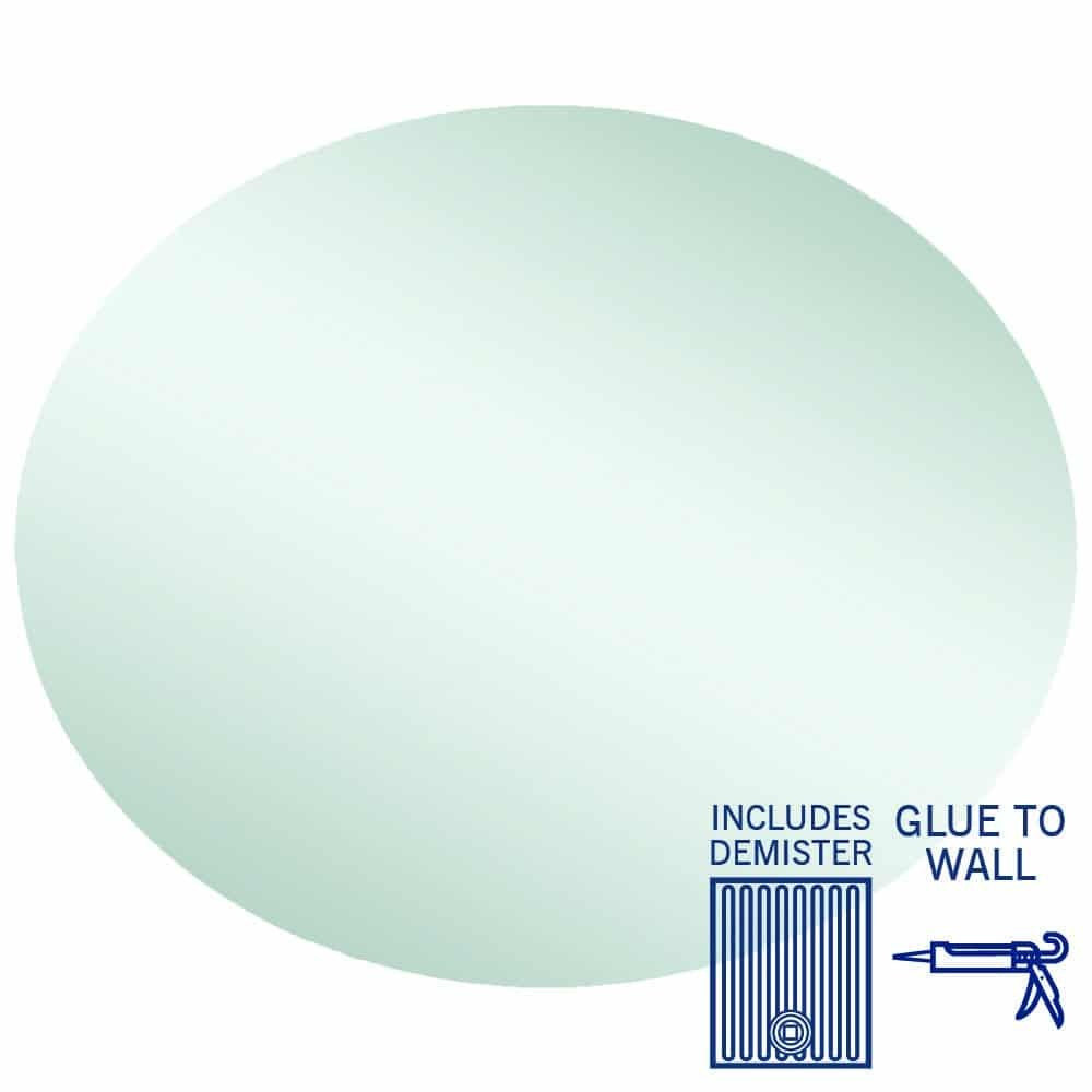 Thermogroup Cody oval glue-to-wall mirror with demister, polished edge, front view of mirror and icon callouts