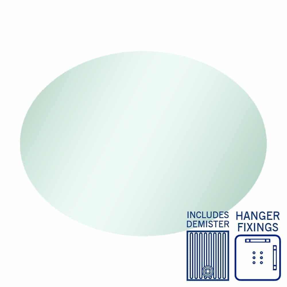 Thermogroup Cody oval mirror with demister and hanger fixings, polished edge, white background