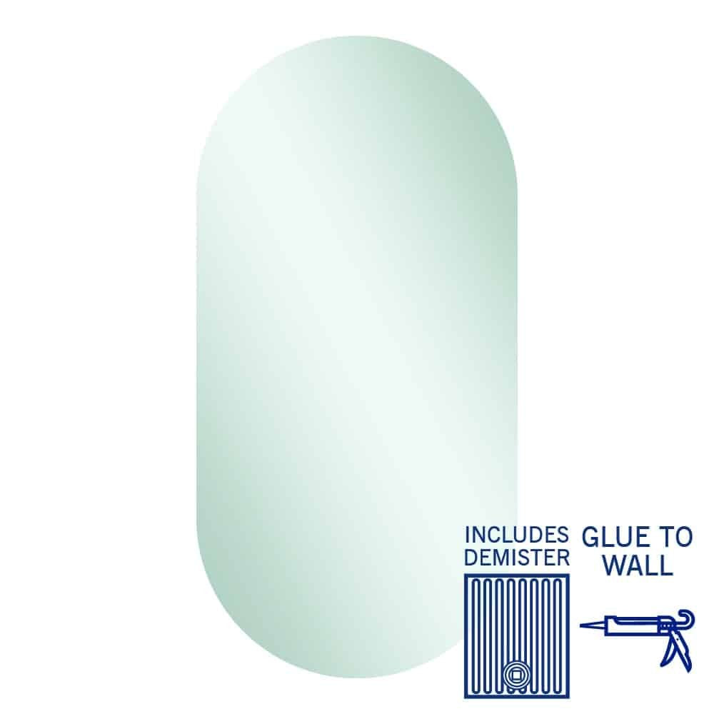 Thermogroup pill mirror with demister, glue-to-wall fitting shown with oval mirror and product icons on white background