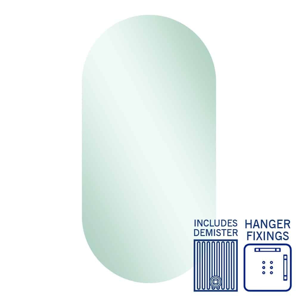 Thermogroup Duke pill mirror with demister and hanger fixings, polished edge, 500 x 1000mm