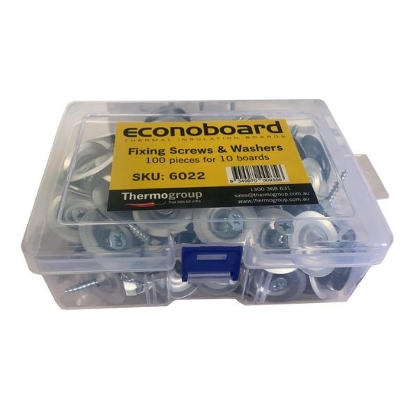 Thermogroup Econoboard fixing screws and washers 100pc in clear plastic storage box, front view