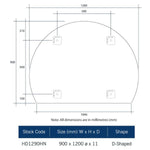 Thermogroup Ablaze D-shaped mirror technical drawing, polished edge, 1200 x 900mm, with mounting dimensions and stock code