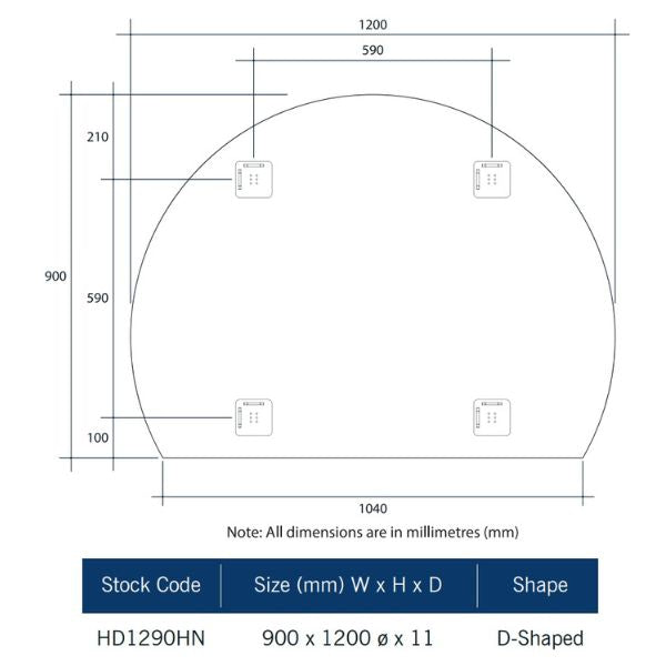 Thermogroup Ablaze D-shaped mirror technical drawing, polished edge, 1200 x 900mm, with mounting dimensions and stock code