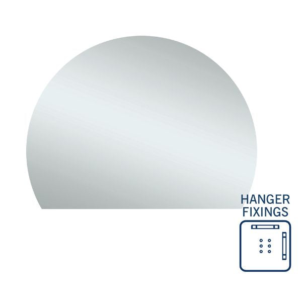 Thermogroup Ablaze D-shaped polished edge mirror in silver, with hanger fixings icon, white background