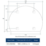 Thermogroup Ablaze D-shaped mirror technical drawing, 1200 x 900mm, with dimensions and mounting points on white background