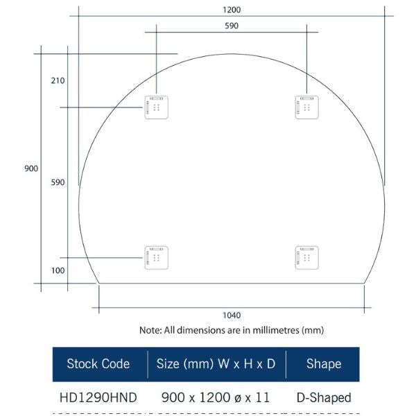 Thermogroup Ablaze D-shaped mirror technical drawing, 1200 x 900mm, with dimensions and mounting points on white background