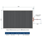 Technical drawing of Thermogroup Ablaze D-shaped mirror with dimensions and mounting detail, black striped backing and wire exit diagram