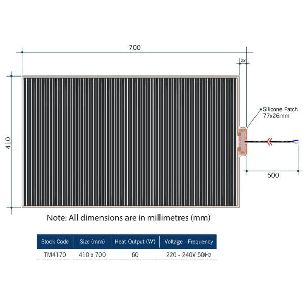 Technical drawing of Thermogroup Ablaze D-shaped mirror with dimensions and mounting detail, black striped backing and wire exit diagram