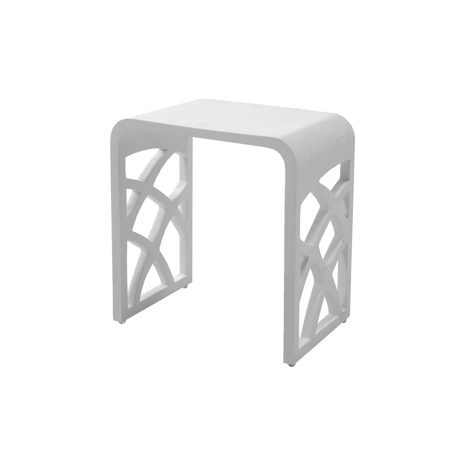 Thermogroup Ivy shower stool in white, solid surface with geometric side panels and square top seat