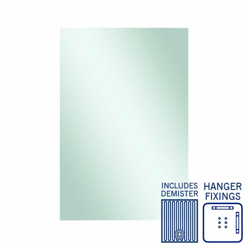 Thermogroup Jackson rectangular mirror with polished edge, demister and hanger fixings icons on white background