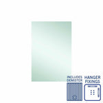 Thermogroup Jackson rectangular mirror with demister and hanger fixings, shown front on with icons on white background