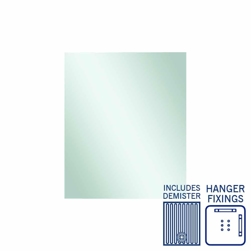 Thermogroup Jackson rectangular mirror with demister and hanger fixings, shown front on with included fittings icons