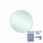 Thermogroup Kent round mirror with demister, glue-to-wall, shown front on with demister and glue icons
